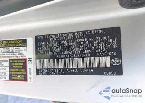 2008 Toyota Camry Ce/Le/Xle/Se из США, поврежденный, VIN 4T1BE46K08U770208